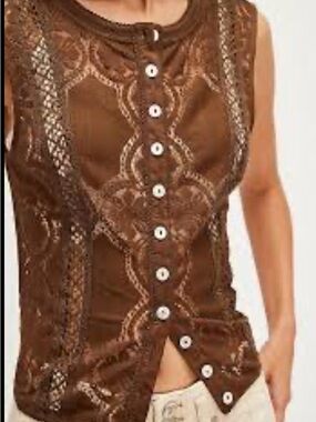 Free People Brown Lace Button-Front Tank